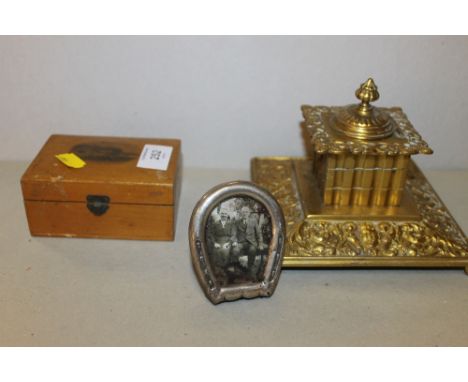 A BRASS INKWELL, SILVER PICTURE FRAME &amp; A MAUCHLIN WARE TYPE BOX