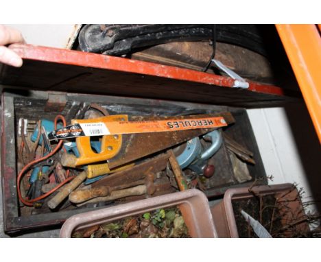A LARGE WOODEN TOOLBOX + CONTENTS