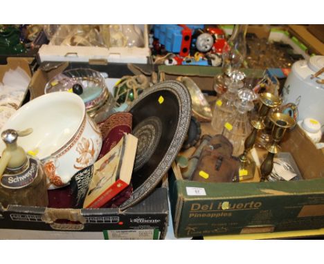 TWO TRAYS OF SUNDRIES INCLUDING BRASS CANDLESTICKS, CAMERA ETC