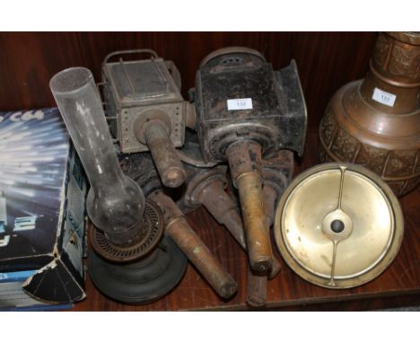 FIVE COACH LAMPS, A BI-FLEX LONG RANGE LIGHT + AN OIL LMAP