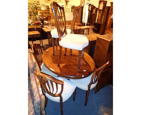 Mahogany tilt top breakfast table on tripod base with six modern upholstered shield back dining chairs table: 130 x 100 cm 