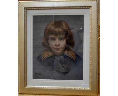 Arnold Mountfort - Portrait study of a young child, pastel, signed and dated 1914 lower left, 28 x 22 cm Condition Report Goo