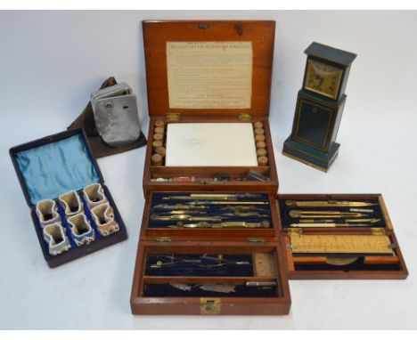 A Victorian cased set of six beadwork napkin rings to/w a Mortlock porcelain-painting kit, a tinplate novelty cigarette/playi