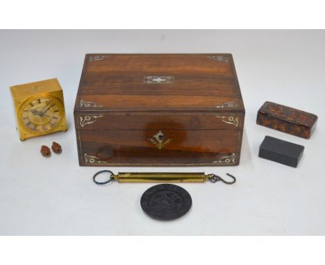A rosewood work-box with mother of pearl inlay, containing various collectables including simulated tortoiseshell papier mach