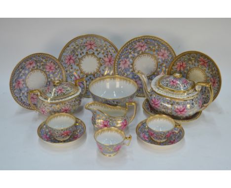 A Ridgway early 19th century part tea service, c. 1814, early London shape, pale blue ground with pink floral decoration and 