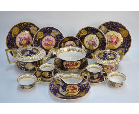 19th century Ridgway part tea service, Old English shape, mazarine blue ground with handpainted polychrome floral reserves, p