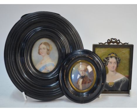 An oval portrait miniature of Queen Victoria, another of an early 19th century lady, and a small miniature of a gentleman, da