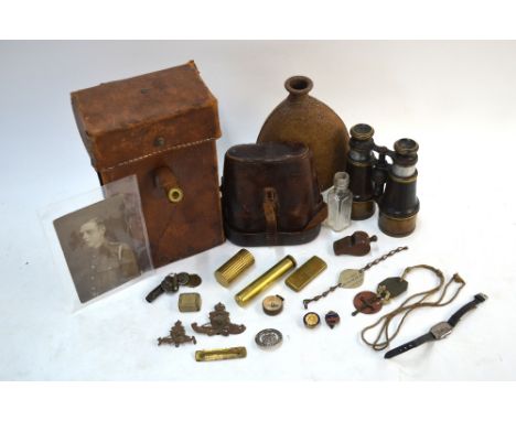 A pair of World War I binoculars by Ross of London, the leather case inscribed 'Lewis Machine Gun 5155, J Cripps 1916' to/w a