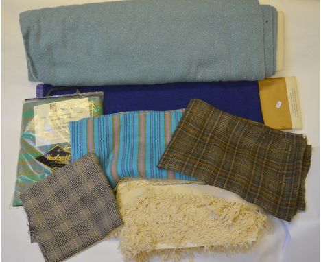A quantity of unused vintage Jacqmar wool, wool boucle and tartan wool fabric pieces, cream upholstery fringing etc, to/w fou