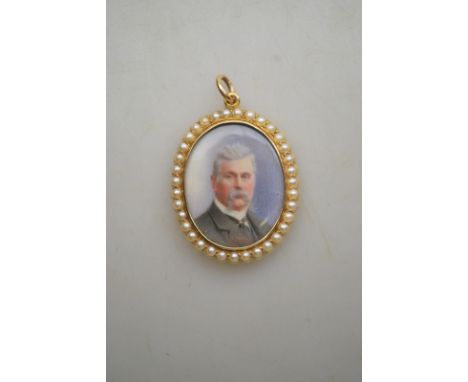 An oval portrait miniature of a gentleman, in yellow gold mount with half pearls around, stamped 15 Condition Report approx 1