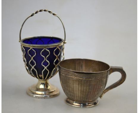 An engraved silver 'basket-work' wine cup with scroll handle and raised foot rim, Deakin & Francis, Birmingham 1921, 4.6 oz, 