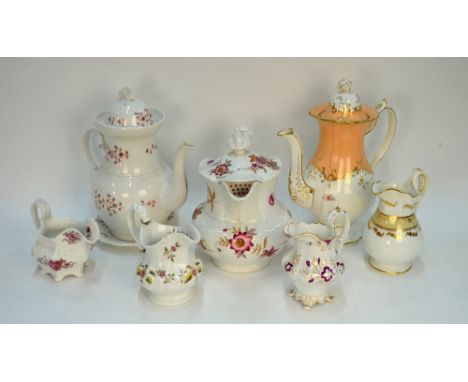 Ridgway large coffee pot and cover decorated decorated with floral sprigs in puce, c. 1820, pattern 2/1086, similar decorated