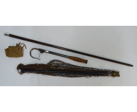 An ebony cane with silver top, Aaron Bros, London 1927, to/w a vintage steel angler's gaff with telescopic brass shaft and tu