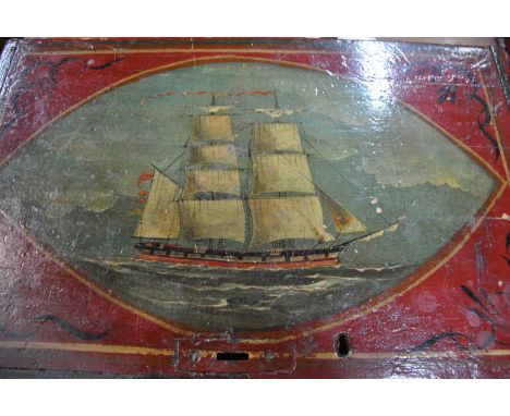 An antique sailor's trunk decorated with a picture of an English man-o-war and stencilled 'Bosun Gareth Jones 1860', 36 cm hi