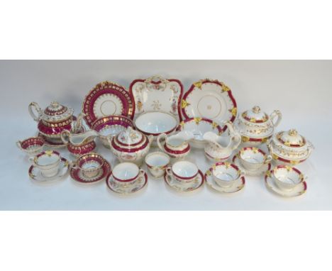 Assorted Ridgway teawares decorated with puce bands and gilding, c. 1830-1850, comprising;  Pattern 2/3588 - teapot, cover an