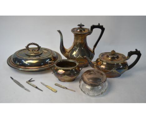 An Elkington plate half-reeded four-piece tea/coffee service, to/w an oval entree dish and cover, a cut glass powder bowl wit