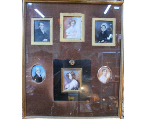 A family set of six portrait miniatures depicting a clerical gentleman, his wife and young daughter to/w a young lady in silk