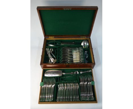 An electroplated part set of flatware for twelve including; soup ladle, basting spoons, fish slice, sauce ladles, salt spoons