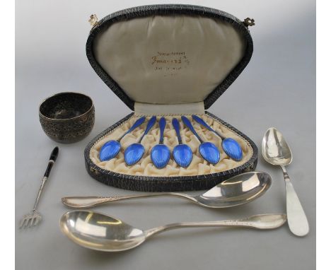A cased set of six Scandinavian blue enamelled 925 standard coffee spoons, to/w a pair of Dutch 833 standard serving spoons, 