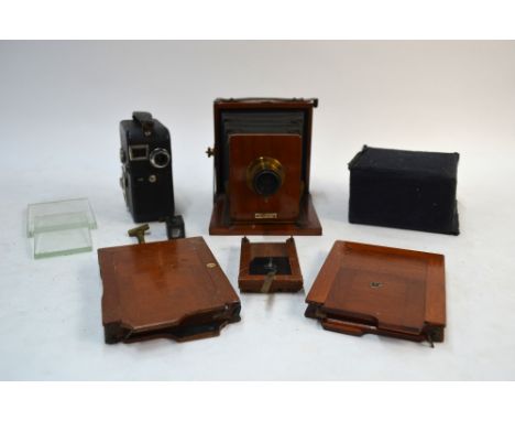 A Clydesdale Set quarter plate field camera, with two double plate cases, black hood and tripod, probably by Spratt Bros, to.