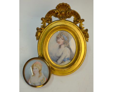 An oval portrait miniature on ivory of a young lady, in gilt frame, to/w a circular miniature of another young lady (2) Condi