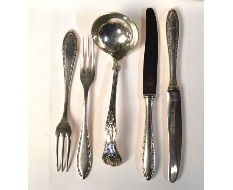 A quantity of plated table-wares, including continental dessert knives and forks, sauce boat, king's pattern sauce ladle, set