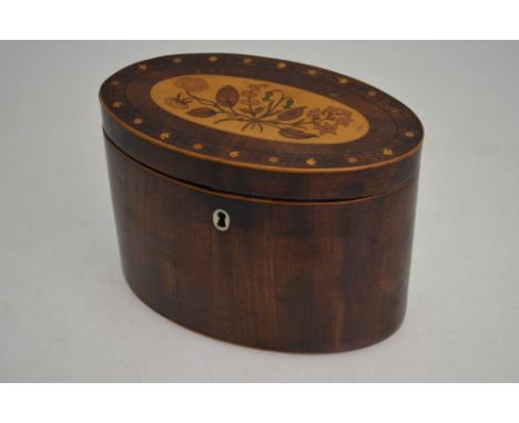 A Sheraton style inlaid mahogany oval tea caddy, the hinged cover with a floral marquetry spray within a foliate border, 16 c