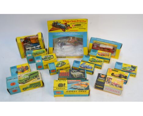 Boxed Corgi model - 266 Chitty Chitty Bang Bang, 1133 Troop Transporter, 277 Monkee Mobile, 479 Commer Mobile Camera Van, 497