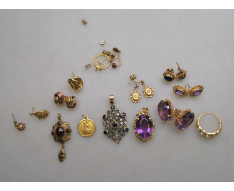 A lot containing a pair of large oval amethyst stud earrings, and a smaller pair to/w oval amethyst and diamond pendant, pair