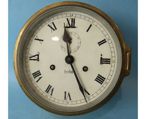 A Sestrel brass-cased bell-striking repeater ship's clock, the signed 15cm dial with Roman numerals, seconds subsidiary, S/F,