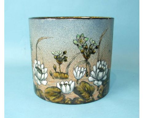 Christopher Dresser for Linthorpe Pottery, a jardinière painted with water lilies, impressed Linthorpe, Chr Dresser, 861 HT, 