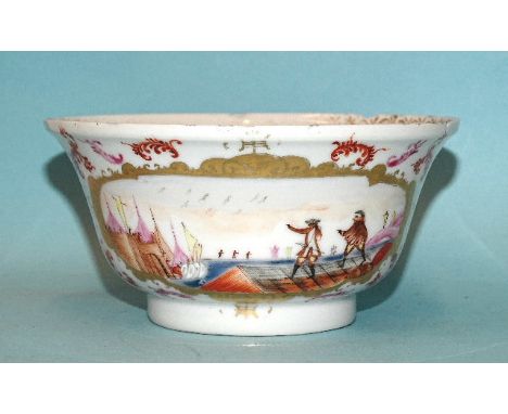 A late-18th century Chinese export bowl decorated in the European Meissen style with harbour scenes and scroll-work borders, 