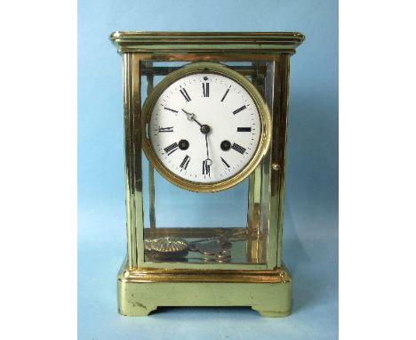 A French brass four-glass mantel clock with Japy Frères bell-striking movement, circular enamel dial, (hairline cracks) and p
