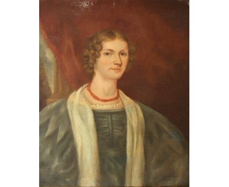 Mid-19th century English School SHOULDER-LENGTH PORTRAIT OF MARY ANN BLIZARD, BORN 1811, WEARING A CORAL BEAD NECKLACE AND LA