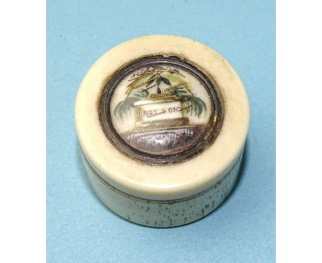 A small circular bone patch box, the lid with Nelson memorial vignette, 2.5cm diameter. 