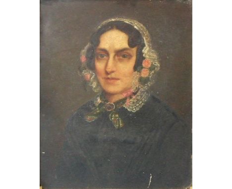 19th century English School SHOULDER-LENGTH PORTRAIT OF A LADY WEARING A LACE BONNET TRIMMED WITH FLOWERS Unsigned oil on mil