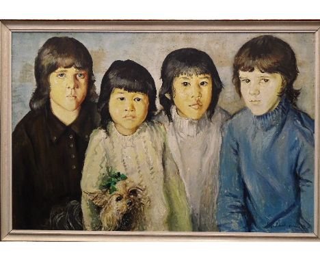 Robert Oscar Lenkiewicz (1941-2002) FAMILY PORTRAIT OF FOUR CHILDREN, ONE HOLDING A CAIRN TERRIER WITH GREEN RIBBON BOW Signe