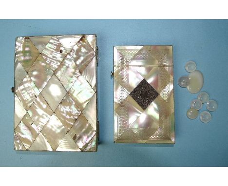 A Victorian rectangular mother-of-pearl visiting card case with internal bellows compartment, 11 x 8cm and a rectangular silv