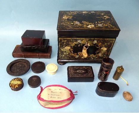 A Victorian papier-mâché two-division tea caddy, painted and gilded with flowers, 16cm long, 13cm high, hinges repaired, two 