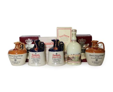 Munro's King of Kings Deluxe Scotch Whisky, pottery decanter (two bottles), Grant's Deluxe Scotch, pottery decanter (two bott