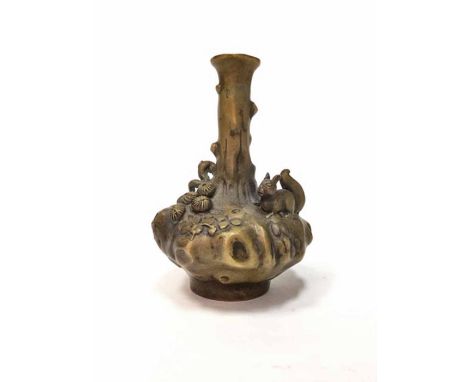 20TH CENTURY CHINESE BRASS VASEthe slender neck modelled as a tree trunk, the vase with squirrel and florals, mark to base, 1