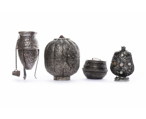 COLLECTION OF EASTERN WHITE METAL OBJECTScomprising a rounded trinket box with hinged opening, 11cm high; along with a vase, 