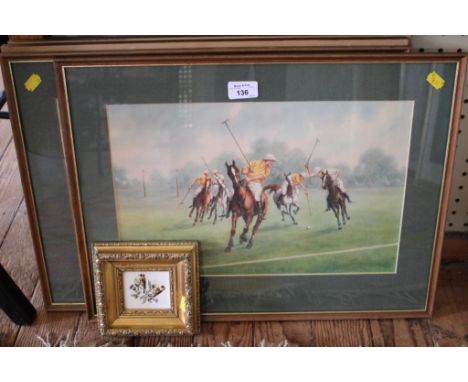 After J. Halford Ross Four prints of a polo match 26cm x 40cm, a panel depicting finches in thistles and Margot Smith Guernse