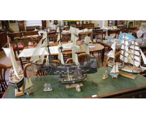 A scale model of a Spanish Galleon in full sail, 74 cm long, and eight other wooden models of boats (9)