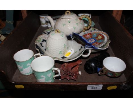 A Belleek teapot and honey pot, of basket form with clover decoration, three Chinese bird pattern Royal Crown Derby coffee ca