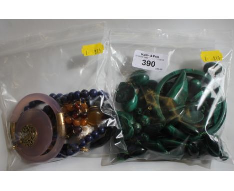 A bag of malachite, together with Chinese bangle and pendant, etc