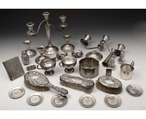 A SET OF SIX SILVER CIRCULAR DISHES of plain form, 7.5cm diameter by Gorham, Co.; a silver mug by F.B.Rogers Silver Company, 