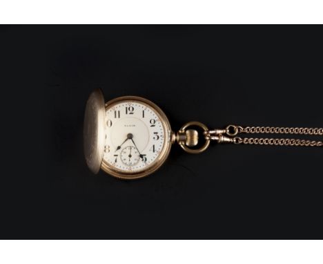 A HUNTER POCKET WATCH BY ELGIN AND AN ALBERT CHAIN, the signed white enamel dial with Arabic numerals, outer minute scale and