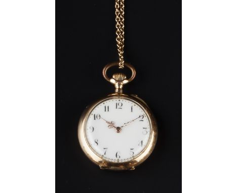 TWO OPEN FACE POCKET WATCHES, the first a lady's fob watch, with white enamel dial, Arabic numerals and gilt scrolled hands, 