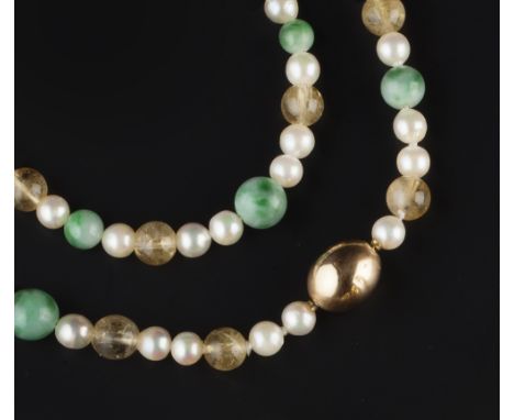 A CULTURED PEARL AND GEM SET SUITE, comprising a single strand necklace and bracelet, strung with jade and citrine beads alte